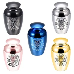 Set mit fünf farbigen Gedenkurnen aus Aluminiumlegierung mit Feuerwehremblem-Design