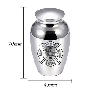 Kleine silberne Urne aus Aluminium für Feuerwehrmänner mit Emblem