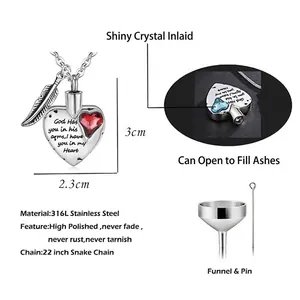 316L stainless steel heart cremation urn necklace for ashes with feather charm and funnel kit