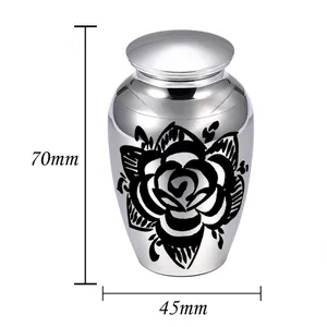 Silver mini cremation urn for human ashes with black rose design, size 70mm by 45mm