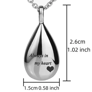 Polished stainless steel teardrop cremation urn necklace for ashes with dimensions