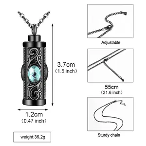 Collier urne cylindrique en acier inoxydable noir avec gemme bleue et dimensions
