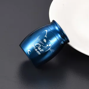 Small blue stainless steel pet cremation urn for cat ashes with Cat mom engraved design