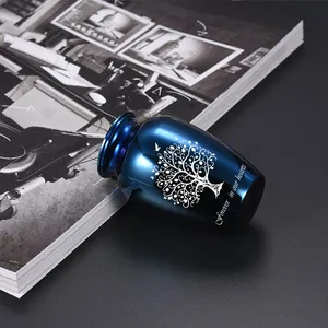 Urna cineraria blu metallizzato con Albero della Vita e scritta commemorativa