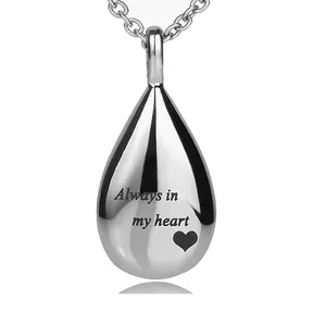 Teardrop stainless steel cremation urn necklace engraved Always in my heart with chain