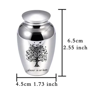 Mini urna cineraria in argento lucido con incisione dell'albero della vita e dimensioni