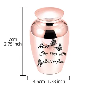 Polished rose gold memorial cremation urn with butterfly engraving and size specs 7cm