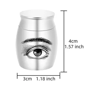 Pequeña urna de cremación conmemorativa de acero plata con grabado de ojo, 4cm alto