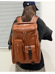 Large capacity vintage brown faux leather backpack with multiple pockets for travel and commute