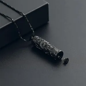 Collier urne cinéraire cylindrique noir avec gravure tournesol pour cendres d'animaux