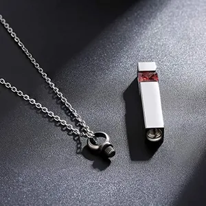 Silver geometric bar cremation necklace with red zircon and screw-open pendant for ashes