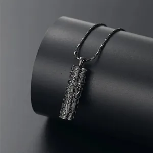 Collier urne cinéraire cylindrique noir avec tournesol gravé pour cendres d'animaux