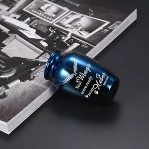 Blue alloy pet urn with 'Your Wings were ready' engraving for memorial