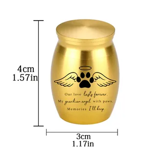 Mini golden pet cremation urn for ashes with angel paw print and memorial quote