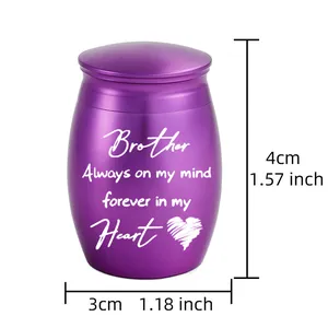 Miniature purple aluminum memorial urn with Brother inscription and heart detail