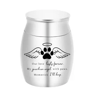 Silver aluminum pet cremation urn with angel wings and paw print design