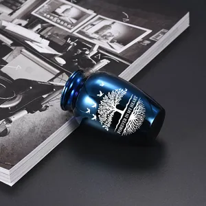 Blue metallic pet memorial urn with Tree of Life engraving and Forever in My Heart text