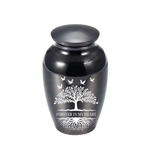 Black memorial pet cremation urn with Tree of Life and Forever in My Heart engraving