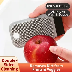 Flexible TPR Fruit Vegetable Cleaning Brush Soft Bristle Scrubber With Scraper Double Sided Kitchen Pot Pan Scouring Tool
