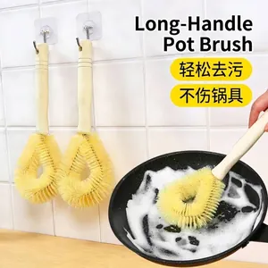 Durable long handle wooden pot brush for kitchen cleaning with a comfortable grip