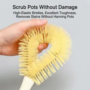 Flexible long-handled kitchen cleaning brush with yellow bristles for pots and pans