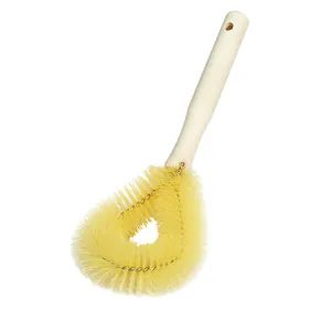 Durable wooden handle dish brush with stiff yellow bristles for kitchen cleaning and pot scrubbing