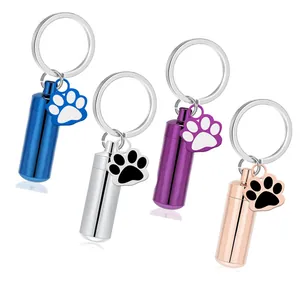 Stainless Steel Pet Memorial Urn Keychain Cylindrical Ashes Holder With Dog Paw Charm For Hair Fur Keepsake Cremation Jewelry