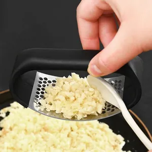 Stainless steel rocker garlic press mincer with ergonomic black handle for kitchen