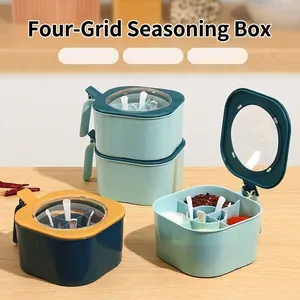 Integrated 4-grid kitchen seasoning box with small spoons and transparent lid for spices