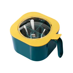 Multi-grid seasoning box set with transparent lid and spoons in dark green and yellow