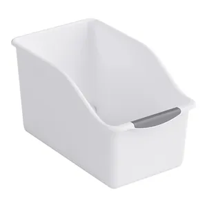 Minimalist white plastic kitchen storage bin with sloped front for cabinet organization