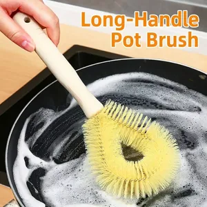 Long Handle Kitchen Pot Brush Wood Cleaning Scrubber Yellow Bristles Non-stick Oil Dish Pan Cleaning Tool For Home Kitchen