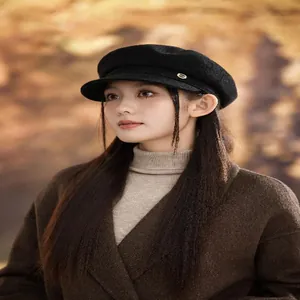 Women's black wool newsboy hat in British retro style for autumn and winter