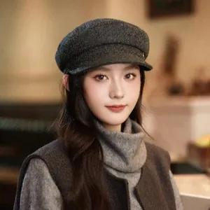 Women British Retro Cotton Newsboy Cap Autumn Winter Solid Color Flat Top Octagonal Hat Fashion Warm Baker Boy Cap Outdoor