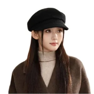 Classic black wool newsboy hat for women, retro octagonal style for autumn and winter
