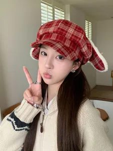 Cute red plaid octagonal hat with plush rabbit ears for winter outfits and sweet style