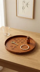 Primer plano de una bandeja de madera de fresno estilo Zen con calados de flores de cerezo.