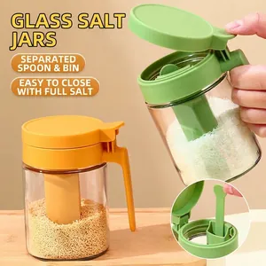 Lead-Free Glass Seasoning Jar With Spoon Integrated Lid One-Hand Press Moisture-Proof Salt Pepper Shaker Kitchen Storage Container For Spices