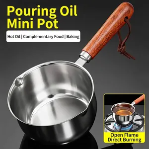 Stainless Steel Mini Oil Pouring Pot Hot Oil Spoon With Long Heat Resistant Wood Handle Double Spouts Polished Kitchen Cooking Tool