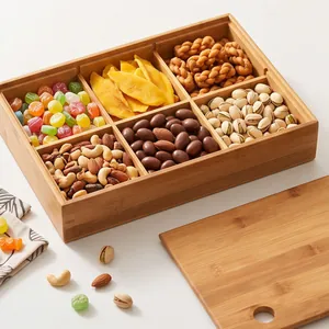 Caja de bambú para aperitivos de 6 compartimentos con tapa para frutos secos