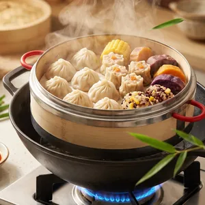 Stainless Steel Banded Bamboo Steamer Traditional Chinese Handmade Woven Steamer Basket With Red Handles For Dim Sum Dumpling Buns Kitchen