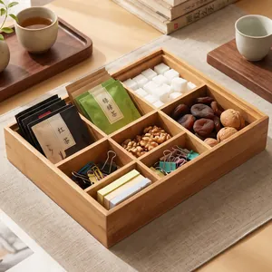 Bandeja organizadora de bambú de seis compartimentos para snacks, té y oficina