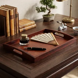 Elegant rectangular acid jujube wood serving tray with handles for tea and home decor