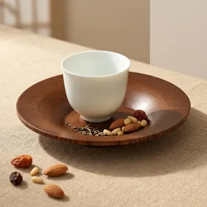 Piatto tondo in legno di giuggiolo intagliato a mano per noci e frutta secca, stile zen