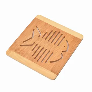 Square bamboo heat insulation trivet with hollow fish bone design for kitchen pots