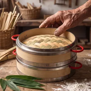 Two-tier bamboo steamer with stainless steel rims and red handles on a wooden table