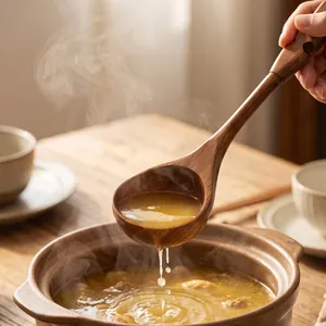 Handcrafted vintage wooden soup ladle scooping hot broth from a ceramic cooking pot