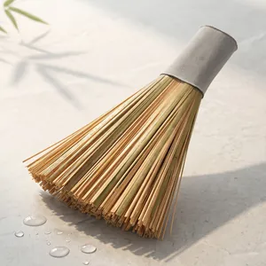 Professional natural bamboo flat-head pot brush for heavy duty kitchen cleaning tasks