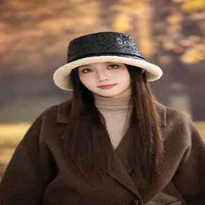 Close-up of vintage jacquard bucket hat with soft lamb wool lining for winter warmth
