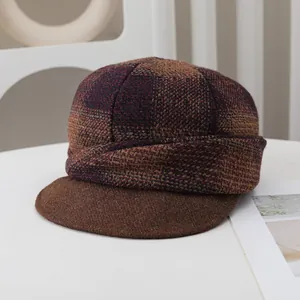 Retro plaid wool newsboy hat for women, vintage autumn winter baker boy cap detail view.